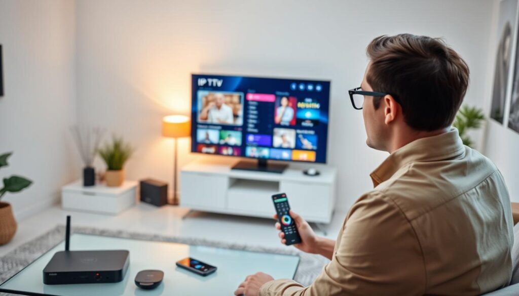 A bright, modern workspace featuring a sleek computer setup displaying IPTV streaming content on the screen, with vibrant and clear visuals of various shows and channels. In the foreground, a focused individual in smart casual attire, attentively adjusting settings on the device for optimal performance, showcasing their engagement with technology. In the middle ground, a stylish coffee table with IPTV-related gadgets, such as a remote control, smartphone, and streaming device, creating a tech-savvy atmosphere. The background features a well-lit room with minimalistic decor, emphasizing an organized and efficient environment. Soft, ambient lighting casts a warm glow, inviting viewers to envision an optimized IPTV experience. The mood is focused and professional, reflecting the theme of enhancing streaming performance. A bright, modern workspace featuring a sleek computer setup displaying IPTV streaming content on the screen, with vibrant and clear visuals of various shows and channels. In the foreground, a focused individual in smart casual attire, attentively adjusting settings on the device for optimal performance, showcasing their engagement with technology. In the middle ground, a stylish coffee table with IPTV-related gadgets, such as a remote control, smartphone, and streaming device, creating a tech-savvy atmosphere. The background features a well-lit room with minimalistic decor, emphasizing an organized and efficient environment. Soft, ambient lighting casts a warm glow, inviting viewers to envision an optimized IPTV experience. The mood is focused and professional, reflecting the theme of enhancing streaming performance.