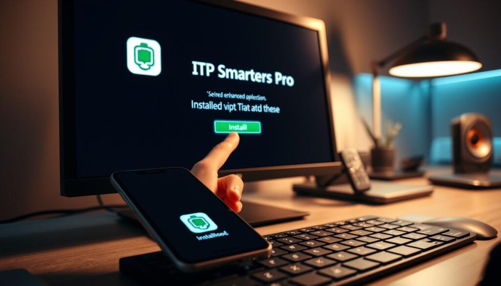 A close-up view of a computer screen displaying the interface of the IPTV Smarters Pro application installation process. In the foreground, a smartphone is resting beside the keyboard, showcasing the app's logo. In the middle, a user’s hands, clad in business attire, navigate the screen, clicking on the installation button. The background features a sleek, modern workspace with soft focus, including a minimalist desk, a few tech gadgets, and ambient lighting that creates a professional yet inviting atmosphere. The overall mood is focused and productive, with warm tones that suggest a sense of ease in downloading and setting up the app for enhanced viewing experience. A close-up view of a computer screen displaying the interface of the IPTV Smarters Pro application installation process. In the foreground, a smartphone is resting beside the keyboard, showcasing the app's logo. In the middle, a user’s hands, clad in business attire, navigate the screen, clicking on the installation button. The background features a sleek, modern workspace with soft focus, including a minimalist desk, a few tech gadgets, and ambient lighting that creates a professional yet inviting atmosphere. The overall mood is focused and productive, with warm tones that suggest a sense of ease in downloading and setting up the app for enhanced viewing experience.
