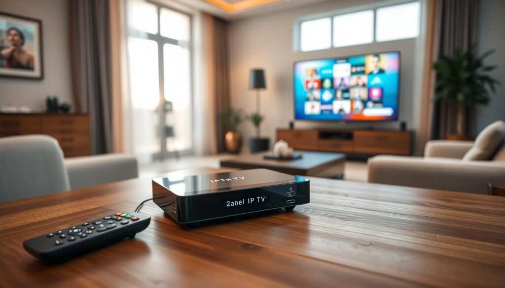 A close-up view of a sleek, modern IPTV device prominently displayed on a tasteful wooden table, with a digital screen showing vivid, colorful channels. In the foreground, a stylish remote control lies beside the device. The middle ground features an elegant living room setting, showcasing a comfortable sofa and a large flat-screen TV casting a soft glow. In the background, large windows allow natural light to filter in, giving the scene a warm and inviting atmosphere. The lighting is bright yet soft, creating a professional, polished look, with a focus on technology and everyday comfort. The overall mood is informative and modern, tailored for an audience interested in IPTV subscriptions. A close-up view of a sleek, modern IPTV device prominently displayed on a tasteful wooden table, with a digital screen showing vivid, colorful channels. In the foreground, a stylish remote control lies beside the device. The middle ground features an elegant living room setting, showcasing a comfortable sofa and a large flat-screen TV casting a soft glow. In the background, large windows allow natural light to filter in, giving the scene a warm and inviting atmosphere. The lighting is bright yet soft, creating a professional, polished look, with a focus on technology and everyday comfort. The overall mood is informative and modern, tailored for an audience interested in IPTV subscriptions.