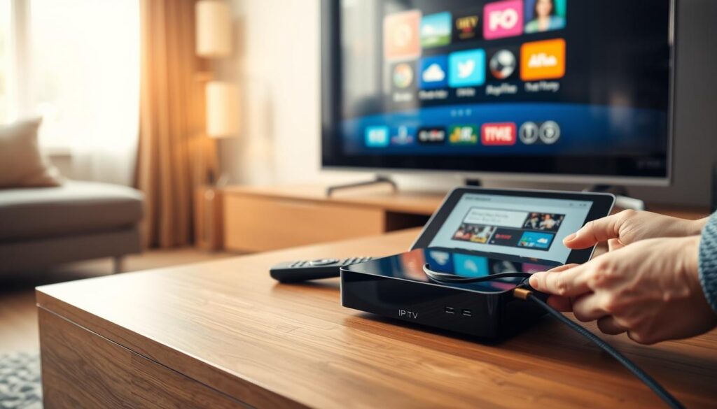 A close-up view of a sleek modern IPTV setup on a stylish wooden media console, featuring a shiny black streaming box, remote control, and a tablet showing an intuitive installation guide. In the background, a large flat-screen TV displays a colorful IPTV interface. Soft, natural lighting filters through a nearby window, creating a warm and inviting atmosphere. The foreground includes a pair of hands gently connecting cables, emphasizing a user-friendly experience. The angle is slightly elevated, capturing the neat arrangement of devices and the ambiance of a cozy living room. The overall mood is focused and encouraging, showcasing the simplicity and accessibility of IPTV installation in under five minutes. A close-up view of a sleek modern IPTV setup on a stylish wooden media console, featuring a shiny black streaming box, remote control, and a tablet showing an intuitive installation guide. In the background, a large flat-screen TV displays a colorful IPTV interface. Soft, natural lighting filters through a nearby window, creating a warm and inviting atmosphere. The foreground includes a pair of hands gently connecting cables, emphasizing a user-friendly experience. The angle is slightly elevated, capturing the neat arrangement of devices and the ambiance of a cozy living room. The overall mood is focused and encouraging, showcasing the simplicity and accessibility of IPTV installation in under five minutes.