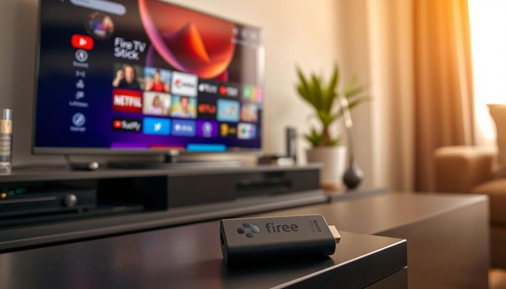 A close-up view of an Amazon Fire TV Stick 2024 placed smartly on a modern living room shelf, aesthetically styled with sleek electronics and a vibrant potted plant. In the background, softly blurred, there’s a flat-screen TV showing a colorful streaming interface, implying the Apple ecosystem. The lighting is warm and inviting, spilling in from a nearby window, enhancing the cozy atmosphere. Capture a slight depth of field effect to emphasize the Fire Stick in the foreground and subtly hint at the contemporary decor around it. Include warm tones and a neat arrangement to evoke a sense of comfort and technology in a stylish home setting. The scene radiates an inviting and informative mood, aligning with a tech-savvy lifestyle.