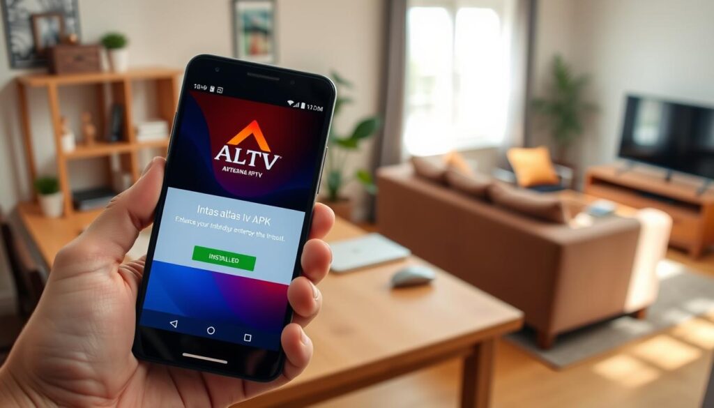 A close-up view of an Android smartphone displaying the Atlas IPTV APK installation screen, with an eye-catching, vibrant interface. In the foreground, the phone is held in a casual, professional hand, emphasizing ease of use. The middle ground features a well-lit workspace with a cozy ambiance, including a wooden desk and a laptop slightly visible, hinting at progress in technology and entertainment. The background shows a softly blurred living room setting with a comfortable sofa and a TV, reinforcing the theme of home entertainment. Natural light streams in from a window, creating a warm atmosphere. The mood is informative yet relaxed, suitable for anyone eager to enhance their IPTV experience on Android devices. A close-up view of an Android smartphone displaying the Atlas IPTV APK installation screen, with an eye-catching, vibrant interface. In the foreground, the phone is held in a casual, professional hand, emphasizing ease of use. The middle ground features a well-lit workspace with a cozy ambiance, including a wooden desk and a laptop slightly visible, hinting at progress in technology and entertainment. The background shows a softly blurred living room setting with a comfortable sofa and a TV, reinforcing the theme of home entertainment. Natural light streams in from a window, creating a warm atmosphere. The mood is informative yet relaxed, suitable for anyone eager to enhance their IPTV experience on Android devices.