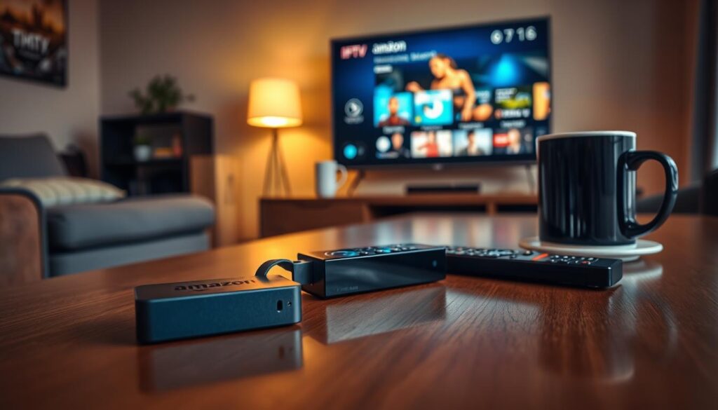 A close-up view of the Amazon IPTV stick on a sleek wooden table, surrounded by a modern living room setting. The foreground features the IPTV stick prominently, showcasing its design and ports, with light reflections highlighting its glossy finish. In the middle background, a high-definition TV screen displays a vibrant streaming interface, emphasizing advanced technology. The room is softly lit with warm tones from a nearby lamp, creating an inviting atmosphere. A stylish coffee mug and a remote control are subtly placed beside the stick, adding a touch of realism. The angle is slightly tilted for dynamic composition, focusing on the device while capturing the cozy environment, evoking a sense of modern entertainment.