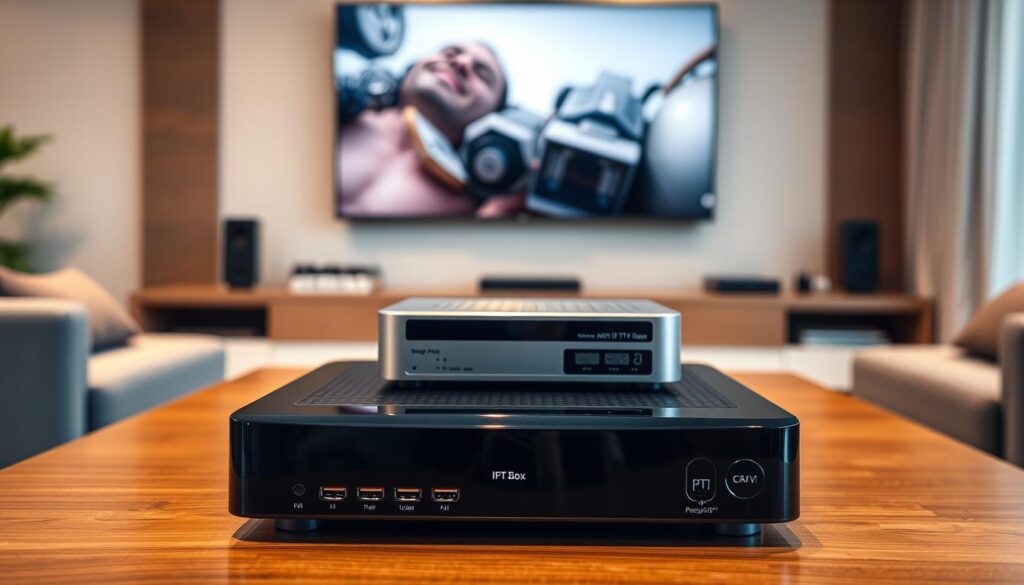 A collection of high-end IPTV boxes elegantly arranged on a stylish wooden table in a modern living room. The foreground features a sleek black IPTV box with glossy finishes, displaying various ports and a vivid LED indicator. In the middle, a second box in a metallic silver design showcases its premium quality. Both devices are set against a softly blurred background featuring a large flat-screen TV mounted on a wall, summarizing a high-tech ambiance. Warm, diffused lighting fills the room, creating a cozy atmosphere. The angle is slightly above eye level, focusing on the boxes to highlight their features, while the overall composition emphasizes sophistication and modern technology. A collection of high-end IPTV boxes elegantly arranged on a stylish wooden table in a modern living room. The foreground features a sleek black IPTV box with glossy finishes, displaying various ports and a vivid LED indicator. In the middle, a second box in a metallic silver design showcases its premium quality. Both devices are set against a softly blurred background featuring a large flat-screen TV mounted on a wall, summarizing a high-tech ambiance. Warm, diffused lighting fills the room, creating a cozy atmosphere. The angle is slightly above eye level, focusing on the boxes to highlight their features, while the overall composition emphasizes sophistication and modern technology.