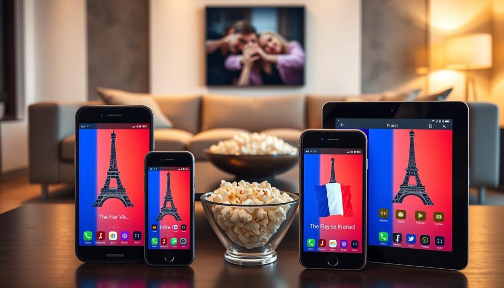 A collection of mobile devices displaying various IPTV Xtream applications designed for the French market, set against a sleek, modern living room backdrop. In the foreground, three smartphones and a tablet are shown, each featuring vibrant, colorful app interfaces highlighted by the iconic Eiffel Tower and the French flag integrated into the designs. In the middle, a stylish coffee table holds a bowl of popcorn, suggesting a casual viewing experience. The background reveals a cozy sofa, softly illuminated by warm, ambient lighting, creating an inviting atmosphere. The scene is shot from a slightly elevated angle to capture all devices clearly, while maintaining a contemporary and professional feel. A collection of mobile devices displaying various IPTV Xtream applications designed for the French market, set against a sleek, modern living room backdrop. In the foreground, three smartphones and a tablet are shown, each featuring vibrant, colorful app interfaces highlighted by the iconic Eiffel Tower and the French flag integrated into the designs. In the middle, a stylish coffee table holds a bowl of popcorn, suggesting a casual viewing experience. The background reveals a cozy sofa, softly illuminated by warm, ambient lighting, creating an inviting atmosphere. The scene is shot from a slightly elevated angle to capture all devices clearly, while maintaining a contemporary and professional feel.