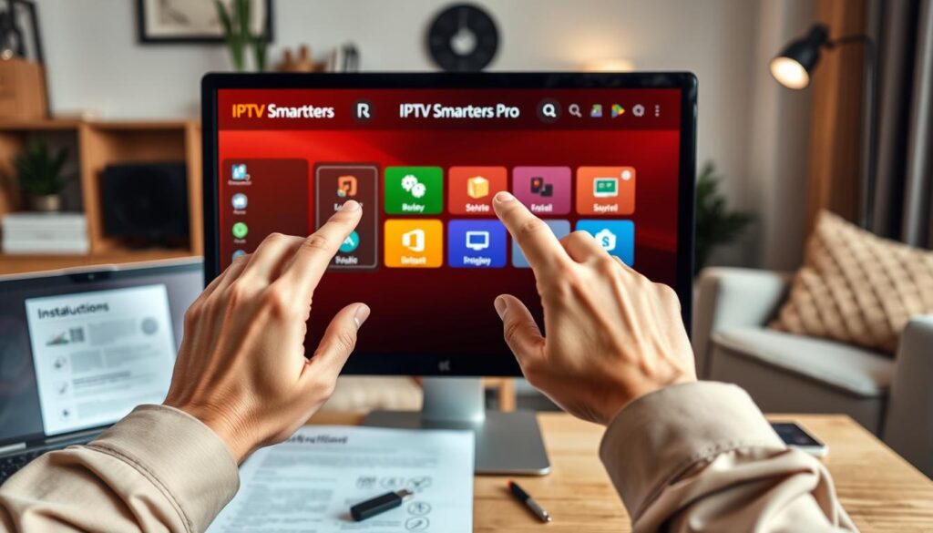 A computer screen displaying the IPTV Smarters Pro application interface, featuring sleek, user-friendly icons and a vibrant color scheme. In the foreground, a pair of hands are interacting with the touchscreen, demonstrating the installation process with a finger tapping on the screen. The middle ground includes a laptop with instructions and a set of tools like a USB drive, representing the installation steps. In the background, a cozy, modern home office setting with soft lighting creates an inviting atmosphere. The scene is captured from a slightly elevated angle to emphasize the screen and hands, with warm tones suggesting a focused and productive mood. The overall composition should feel informative and engaging, without any text or distractions. A computer screen displaying the IPTV Smarters Pro application interface, featuring sleek, user-friendly icons and a vibrant color scheme. In the foreground, a pair of hands are interacting with the touchscreen, demonstrating the installation process with a finger tapping on the screen. The middle ground includes a laptop with instructions and a set of tools like a USB drive, representing the installation steps. In the background, a cozy, modern home office setting with soft lighting creates an inviting atmosphere. The scene is captured from a slightly elevated angle to emphasize the screen and hands, with warm tones suggesting a focused and productive mood. The overall composition should feel informative and engaging, without any text or distractions.