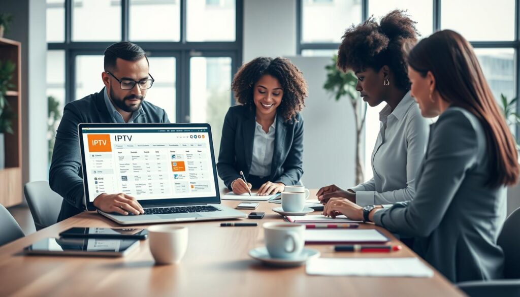 A concise workspace scene showcasing a diverse group of professionals analyzing IPTV subscription options. In the foreground, three figures—a man and two women—attentively examine a laptop screen displaying IPTV channel lists and criteria charts, dressed in smart casual attire. The middle ground features a sleek modern table cluttered with digital devices, notepads, and coffee cups, indicating a brainstorming session. In the background, large windows let in bright, natural light, creating an inviting atmosphere. Soft shadows enhance the depth of the space, while a subtle focus effect blurs the background slightly, ensuring the main focus remains on the group. The mood is collaborative, inspiring, and tech-savvy, reflecting the importance of choosing the right IPTV subscription in a modern digital landscape. A concise workspace scene showcasing a diverse group of professionals analyzing IPTV subscription options. In the foreground, three figures—a man and two women—attentively examine a laptop screen displaying IPTV channel lists and criteria charts, dressed in smart casual attire. The middle ground features a sleek modern table cluttered with digital devices, notepads, and coffee cups, indicating a brainstorming session. In the background, large windows let in bright, natural light, creating an inviting atmosphere. Soft shadows enhance the depth of the space, while a subtle focus effect blurs the background slightly, ensuring the main focus remains on the group. The mood is collaborative, inspiring, and tech-savvy, reflecting the importance of choosing the right IPTV subscription in a modern digital landscape.