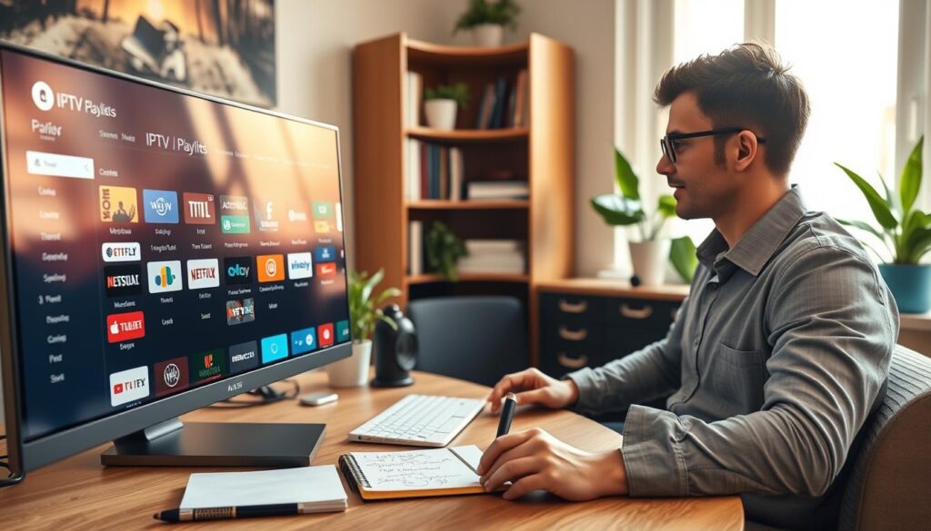 A cozy home office scene featuring a sleek computer displaying a dynamic interface of IPTV playlists. In the foreground, a person in smart casual attire is intently exploring various free public IPTV sources. The middle ground showcases various colorful icons and logos representing streaming services, alongside a notepad filled with handwritten notes. The background features a bright window letting in natural light, illuminating a few green plants and a stylish bookshelf filled with tech music and art books. The mood is inviting and productive, conveying the excitement of discovering new content. Soft, warm lighting creates an atmosphere of focus and creativity, captured from a slightly elevated angle to provide a comprehensive view of the workspace. A cozy home office scene featuring a sleek computer displaying a dynamic interface of IPTV playlists. In the foreground, a person in smart casual attire is intently exploring various free public IPTV sources. The middle ground showcases various colorful icons and logos representing streaming services, alongside a notepad filled with handwritten notes. The background features a bright window letting in natural light, illuminating a few green plants and a stylish bookshelf filled with tech music and art books. The mood is inviting and productive, conveying the excitement of discovering new content. Soft, warm lighting creates an atmosphere of focus and creativity, captured from a slightly elevated angle to provide a comprehensive view of the workspace.