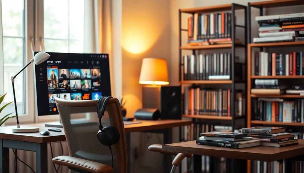A cozy home office scene, showcasing a modern PC setup for alternative IPTV viewing methods. In the foreground, a high-end computer with a large monitor displays various streaming applications. A stylish, comfortable chair is positioned in front of the desk, with headphones elegantly resting on the side. The middle ground features a warm ambient light coming from a desk lamp, casting a soft glow on a collection of IPTV guides and a remote control. In the background, a bookshelf filled with tech and entertainment books enhances the atmosphere of a tech-savvy environment. The image is illuminated with natural light filtering through a nearby window, creating a serene mood that reflects the ease and comfort of modern home entertainment solutions. A cozy home office scene, showcasing a modern PC setup for alternative IPTV viewing methods. In the foreground, a high-end computer with a large monitor displays various streaming applications. A stylish, comfortable chair is positioned in front of the desk, with headphones elegantly resting on the side. The middle ground features a warm ambient light coming from a desk lamp, casting a soft glow on a collection of IPTV guides and a remote control. In the background, a bookshelf filled with tech and entertainment books enhances the atmosphere of a tech-savvy environment. The image is illuminated with natural light filtering through a nearby window, creating a serene mood that reflects the ease and comfort of modern home entertainment solutions.