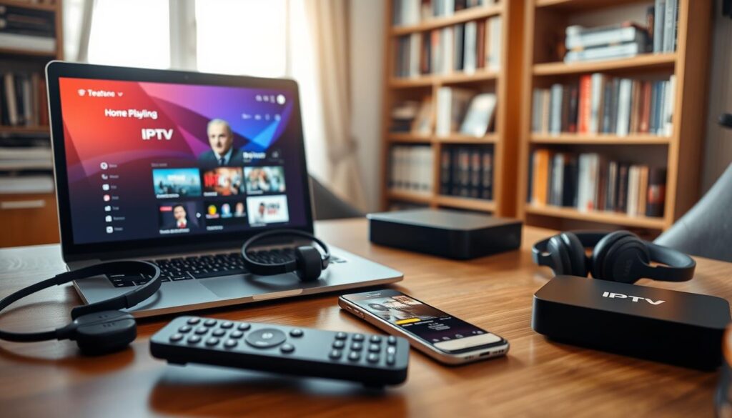 A cozy home office scene showcasing essential tools for enjoying IPTV playlists. In the foreground, a sleek laptop with a vibrant screen displaying an IPTV interface. Next to it, a stylish remote control and a pair of headphones. In the middle ground, a modern digital streaming device, such as a TV box, is placed on a wooden desk alongside a smartphone featuring a playlist app. The background features a well-organized bookshelf filled with tech books and a soft light streaming through a window, creating a warm and inviting atmosphere. The scene is captured with a slight depth of field, focusing on the main objects while blurring the background softly. The overall mood is professional and tech-savvy, perfect for a guide on IPTV tools. A cozy home office scene showcasing essential tools for enjoying IPTV playlists. In the foreground, a sleek laptop with a vibrant screen displaying an IPTV interface. Next to it, a stylish remote control and a pair of headphones. In the middle ground, a modern digital streaming device, such as a TV box, is placed on a wooden desk alongside a smartphone featuring a playlist app. The background features a well-organized bookshelf filled with tech books and a soft light streaming through a window, creating a warm and inviting atmosphere. The scene is captured with a slight depth of field, focusing on the main objects while blurring the background softly. The overall mood is professional and tech-savvy, perfect for a guide on IPTV tools.