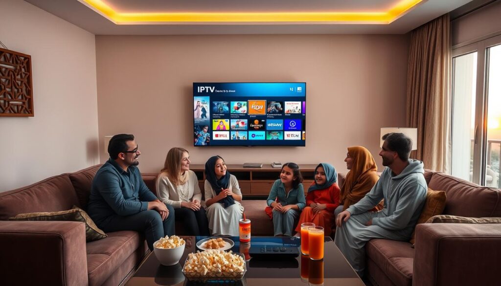 A cozy living room in Tunisia, featuring a stylish sofa and a large flat-screen TV displaying a colorful IPTV interface showcasing various channels. In the foreground, a relaxed family of four—two adults and two children—are enjoying a movie night together, dressed in casual, modest clothing. They are seated comfortably with snacks on a table. The middle ground highlights a coffee table with a remote control, popcorn, and drinks. The background should include a window revealing a beautiful Tunisian sunset, casting warm, inviting lighting throughout the room. The atmosphere is cheerful and intimate, emphasizing comfort and family bonding over entertainment, with a focus on enjoying IPTV services at home.