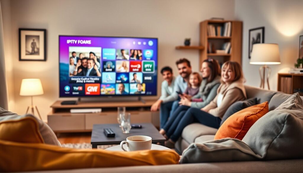 A cozy living room scene featuring a sleek modern television displaying a vibrant IPTV streaming interface. In the foreground, a comfortable sofa adorned with colorful cushions invites relaxation. A stylish coffee table holds a remote control and a steaming cup of coffee. The middle ground showcases a family, dressed in smart casual attire, gathered around the TV, enjoying a show together, radiating happiness and connection. The background has soft, ambient lighting from a floor lamp, creating a warm and inviting atmosphere. The room's walls are decorated with framed pictures and shelves filled with books, enhancing the homely feel. The overall mood is friendly and engaging, perfect for illustrating a family bonding experience over IPTV streaming in France. A cozy living room scene featuring a sleek modern television displaying a vibrant IPTV streaming interface. In the foreground, a comfortable sofa adorned with colorful cushions invites relaxation. A stylish coffee table holds a remote control and a steaming cup of coffee. The middle ground showcases a family, dressed in smart casual attire, gathered around the TV, enjoying a show together, radiating happiness and connection. The background has soft, ambient lighting from a floor lamp, creating a warm and inviting atmosphere. The room's walls are decorated with framed pictures and shelves filled with books, enhancing the homely feel. The overall mood is friendly and engaging, perfect for illustrating a family bonding experience over IPTV streaming in France.