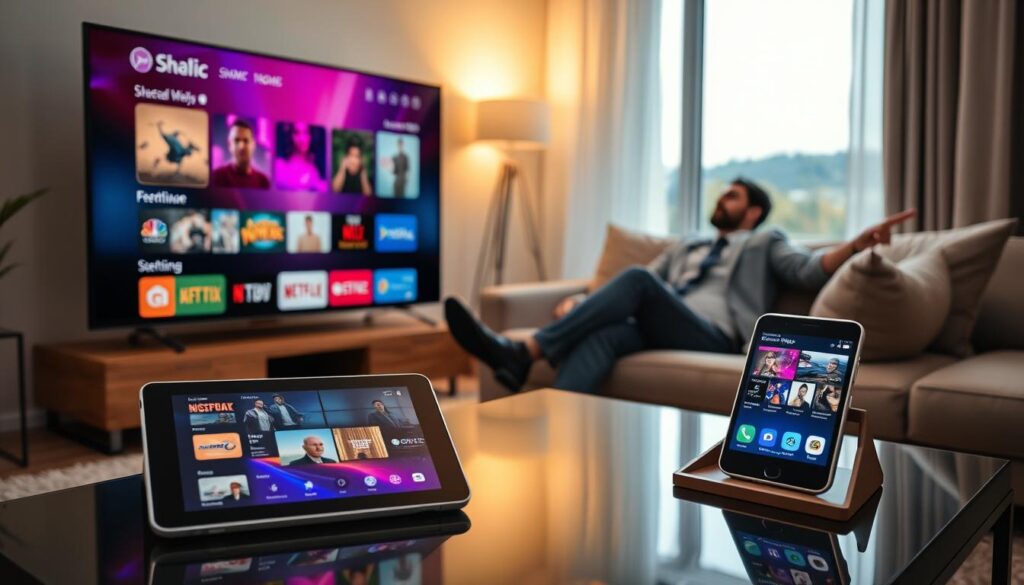 A cozy living room scene showcasing the concept of multi-device compatibility with OTT Premium streaming services. In the foreground, a modern smart TV displays a vibrant streaming interface with various icons representing popular shows and movies. A sleek tablet and a smartphone are placed on a stylish coffee table, each also showing the same streaming interface, suggesting seamless viewing across devices. The middle ground includes a comfortable sofa with a person dressed in professional business attire, relaxing and enjoying the content on the TV. The background features soft, warm lighting, with a window showing a tranquil outdoor scene, creating an inviting atmosphere. Use a soft-focus lens effect to emphasize the foreground, maintaining clarity on the devices and their screens while giving a sense of warmth and comfort to the overall image. A cozy living room scene showcasing the concept of multi-device compatibility with OTT Premium streaming services. In the foreground, a modern smart TV displays a vibrant streaming interface with various icons representing popular shows and movies. A sleek tablet and a smartphone are placed on a stylish coffee table, each also showing the same streaming interface, suggesting seamless viewing across devices. The middle ground includes a comfortable sofa with a person dressed in professional business attire, relaxing and enjoying the content on the TV. The background features soft, warm lighting, with a window showing a tranquil outdoor scene, creating an inviting atmosphere. Use a soft-focus lens effect to emphasize the foreground, maintaining clarity on the devices and their screens while giving a sense of warmth and comfort to the overall image.
