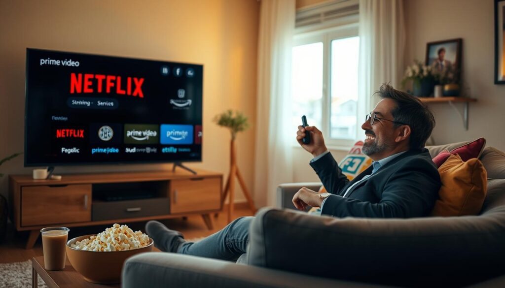 A cozy living room setting featuring a stylish, modern television displaying popular streaming service logos like Netflix and Prime Video. In the foreground, a comfortable couch adorned with colorful cushions invites relaxation. A person in smart casual clothing lounges with a remote in hand, smiling while enjoying a show. Soft warm lighting creates an inviting atmosphere, enhancing the sense of comfort. On a coffee table, a bowl of popcorn and a drink add to the cozy vibe. A window in the background allows natural light to filter in, illuminating the room softly. The overall mood is one of enjoyment and relaxation, perfect for indulging in favorite entertainment content. A cozy living room setting featuring a stylish, modern television displaying popular streaming service logos like Netflix and Prime Video. In the foreground, a comfortable couch adorned with colorful cushions invites relaxation. A person in smart casual clothing lounges with a remote in hand, smiling while enjoying a show. Soft warm lighting creates an inviting atmosphere, enhancing the sense of comfort. On a coffee table, a bowl of popcorn and a drink add to the cozy vibe. A window in the background allows natural light to filter in, illuminating the room softly. The overall mood is one of enjoyment and relaxation, perfect for indulging in favorite entertainment content.