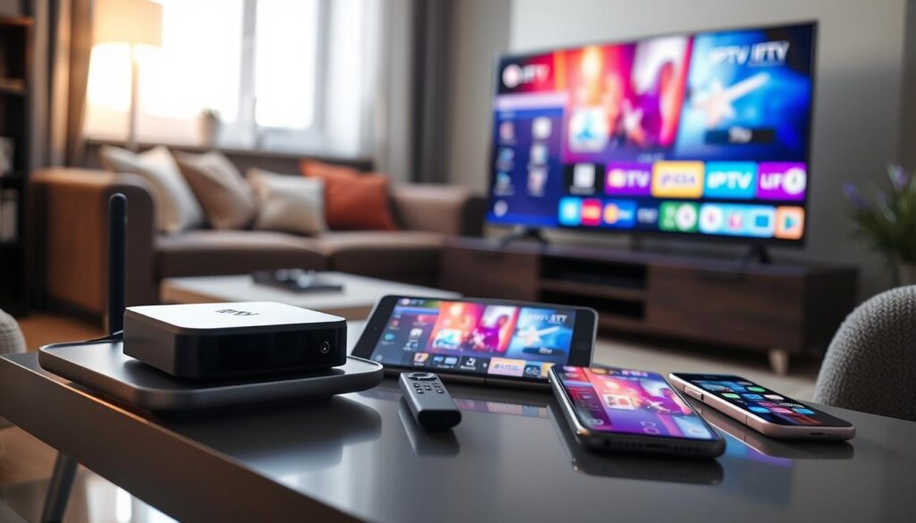 A cozy living room setting showcasing multiple electronic devices playing IPTV content. In the foreground, a stylish Android TV box sits on a sleek media console, with a modern television screen displaying vibrant IPTV streaming content. A tablet and a smartphone are placed nearby, showcasing their respective IPTV apps in use. In the middle ground, a comfortable sofa is arranged with soft cushions, enhancing a relaxed viewing atmosphere. Soft, warm lighting creates an inviting mood, while a window in the background lets in gentle natural light, highlighting the technology in the room. Shot with a 35mm lens to capture a balanced view of the devices and the inviting living space. A cozy living room setting showcasing multiple electronic devices playing IPTV content. In the foreground, a stylish Android TV box sits on a sleek media console, with a modern television screen displaying vibrant IPTV streaming content. A tablet and a smartphone are placed nearby, showcasing their respective IPTV apps in use. In the middle ground, a comfortable sofa is arranged with soft cushions, enhancing a relaxed viewing atmosphere. Soft, warm lighting creates an inviting mood, while a window in the background lets in gentle natural light, highlighting the technology in the room. Shot with a 35mm lens to capture a balanced view of the devices and the inviting living space.