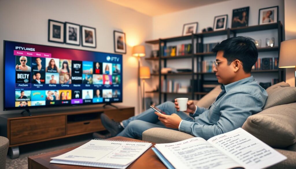A cozy living room with a modern entertainment setup, featuring a sleek television displaying an IPTV interface filled with vivid thumbnails of diverse streaming content. In the foreground, a person of Asian descent, dressed in casual but professional clothing, is seated on a plush sofa, intently browsing options on a tablet while sipping coffee. On a nearby side table, a notepad with organized notes and tips for optimizing IPTV usage is visible. The middle ground highlights a warm ambiance with soft lighting from stylish lamps, enhancing the inviting atmosphere. In the background, walls adorned with framed pictures and shelves filled with movies and tech gadgets create a personalized space. The mood is focused yet relaxed, blending entertainment and organization seamlessly. A cozy living room with a modern entertainment setup, featuring a sleek television displaying an IPTV interface filled with vivid thumbnails of diverse streaming content. In the foreground, a person of Asian descent, dressed in casual but professional clothing, is seated on a plush sofa, intently browsing options on a tablet while sipping coffee. On a nearby side table, a notepad with organized notes and tips for optimizing IPTV usage is visible. The middle ground highlights a warm ambiance with soft lighting from stylish lamps, enhancing the inviting atmosphere. In the background, walls adorned with framed pictures and shelves filled with movies and tech gadgets create a personalized space. The mood is focused yet relaxed, blending entertainment and organization seamlessly.