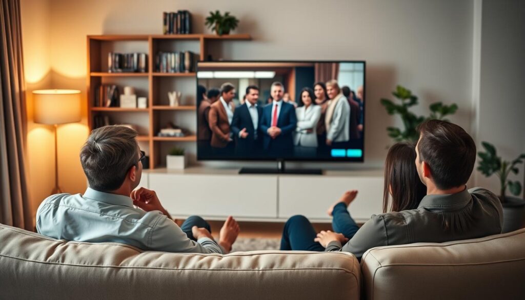 A cozy, modern living room scene showcasing a family enjoying IPTV streaming on a large flat-screen TV. In the foreground, a professional-looking couple, dressed in smart casual attire, sit comfortably on a stylish sofa, engaged and smiling as they watch their favorite show. Subtle warm lighting casts a soft glow across the room, enhancing a welcoming atmosphere. In the middle, the TV displays a vibrant, clear image of a popular series, symbolizing high-quality streaming. The background features shelving with DVDs and books, along with indoor plants that add a touch of life. The overall mood conveys reliability and satisfaction with IPTV services, highlighting the experience of stability and quality in entertainment. A cozy, modern living room scene showcasing a family enjoying IPTV streaming on a large flat-screen TV. In the foreground, a professional-looking couple, dressed in smart casual attire, sit comfortably on a stylish sofa, engaged and smiling as they watch their favorite show. Subtle warm lighting casts a soft glow across the room, enhancing a welcoming atmosphere. In the middle, the TV displays a vibrant, clear image of a popular series, symbolizing high-quality streaming. The background features shelving with DVDs and books, along with indoor plants that add a touch of life. The overall mood conveys reliability and satisfaction with IPTV services, highlighting the experience of stability and quality in entertainment.