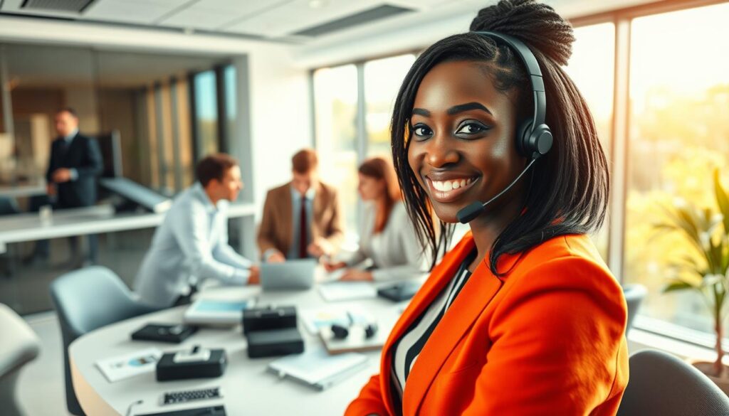 A customer support scene for IPTV Premium featuring a diverse team of three professionals in a modern office setting. In the foreground, a friendly customer service representative, a Black woman wearing business attire, is actively assisting a client via a headset, showing engagement and professionalism. In the middle ground, a diverse group of colleagues exchanges ideas at a round table cluttered with tech devices and user manuals, demonstrating teamwork. The background reveals a sleek office environment with large windows letting in warm sunlight, creating a welcoming atmosphere. The lighting is bright yet soft, enhancing the sense of approachability. The overall mood is one of efficiency, responsiveness, and professionalism, embodying 24/7 customer support. A customer support scene for IPTV Premium featuring a diverse team of three professionals in a modern office setting. In the foreground, a friendly customer service representative, a Black woman wearing business attire, is actively assisting a client via a headset, showing engagement and professionalism. In the middle ground, a diverse group of colleagues exchanges ideas at a round table cluttered with tech devices and user manuals, demonstrating teamwork. The background reveals a sleek office environment with large windows letting in warm sunlight, creating a welcoming atmosphere. The lighting is bright yet soft, enhancing the sense of approachability. The overall mood is one of efficiency, responsiveness, and professionalism, embodying 24/7 customer support.