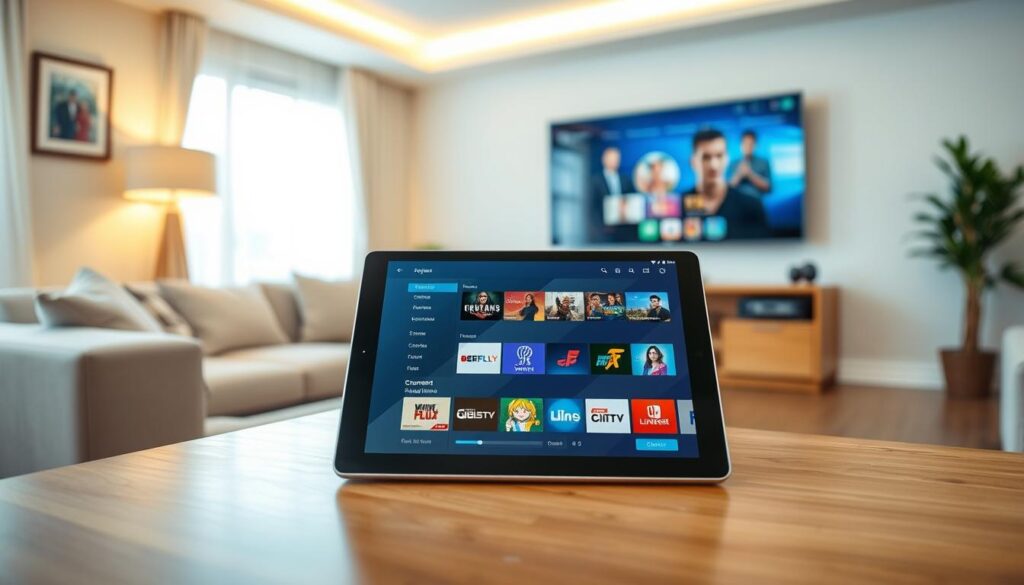A detailed RG IPTV player setup guide displayed in an organized and visually appealing format. In the foreground, show a modern digital device, such as a tablet or a laptop, prominently featuring the IPTV player interface. In the middle ground, incorporate elements like a streaming playlist interface, with colorful icons representing different channels and program titles. The background should consist of a cozy living room setting, softly lit with warm light, featuring comfortable furniture and a large TV. Use a slight overhead angle to create depth, emphasizing both the device and the living space. The atmosphere should feel inviting and user-friendly, conveying a sense of guidance and ease of use. A detailed RG IPTV player setup guide displayed in an organized and visually appealing format. In the foreground, show a modern digital device, such as a tablet or a laptop, prominently featuring the IPTV player interface. In the middle ground, incorporate elements like a streaming playlist interface, with colorful icons representing different channels and program titles. The background should consist of a cozy living room setting, softly lit with warm light, featuring comfortable furniture and a large TV. Use a slight overhead angle to create depth, emphasizing both the device and the living space. The atmosphere should feel inviting and user-friendly, conveying a sense of guidance and ease of use.