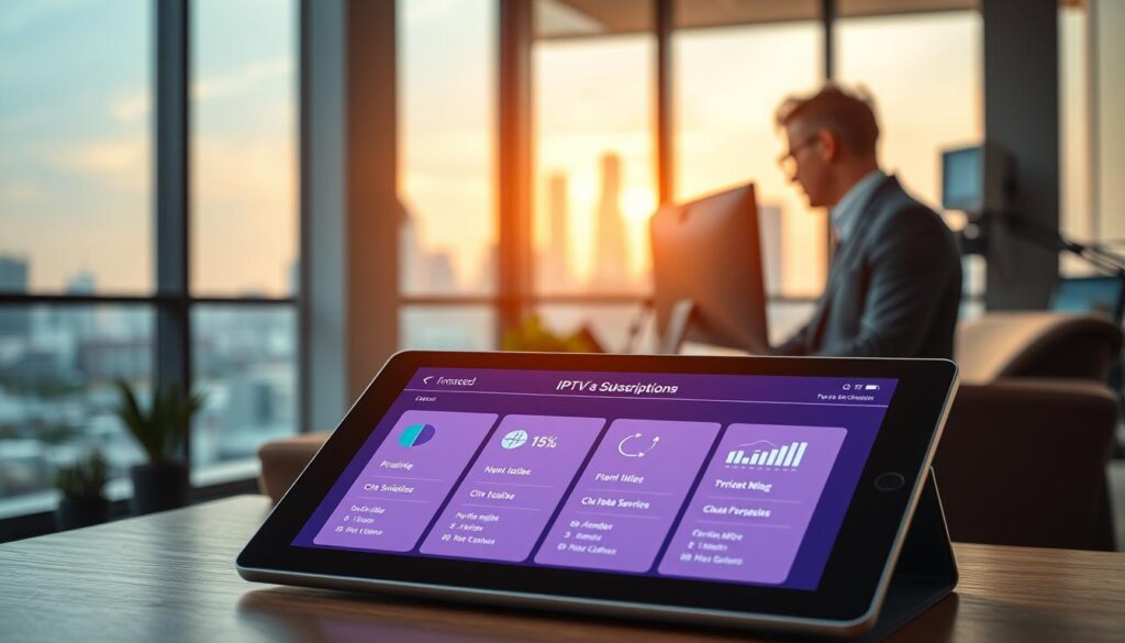 A detailed and informative composition showcasing a comparison of IPTV subscriptions in 2026. In the foreground, an elegant digital tablet displays a vibrant interface featuring various IPTV subscription options, with icons and graphs illustrating pricing and features. The middle ground contains a sleek office environment, with a professional in business attire analyzing data on a computer. Soft, ambient lighting casts a warm glow across the scene, creating a focused and engaging atmosphere. In the background, a large window reveals a contemporary cityscape, symbolizing modern technology and progress. The image is meticulously staged to convey professionalism and reliability, inviting viewers to consider the best IPTV options available.