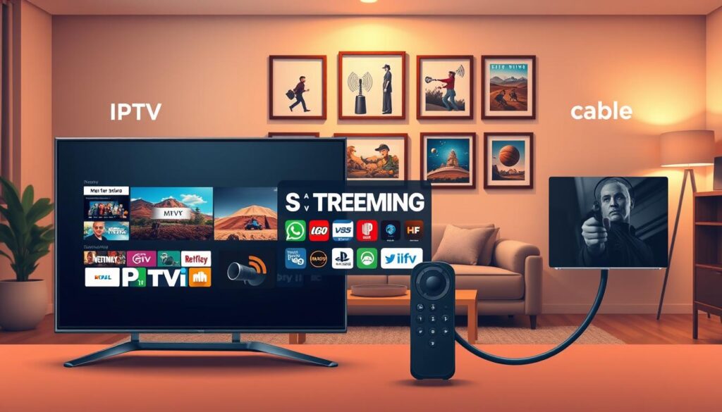 A detailed and informative illustration comparing IPTV, streaming, and cable services. In the foreground, a sleek modern TV displays vibrant scenes representing each service; on the left, IPTV with a digital interface showcasing various channels, in the middle, streaming with a selection of popular apps, and on the right, traditional cable with a physical remote and bundled channels. The middle ground features a cozy living room setting, subtly lit with warm tones creating a welcoming atmosphere. In the background, a wall adorned with framed images of technology evolution, from antennas to fiber optics, to signify the advancements in content delivery. The overall mood is engaging and thought-provoking, inviting viewers to consider their options for home entertainment. A detailed and informative illustration comparing IPTV, streaming, and cable services. In the foreground, a sleek modern TV displays vibrant scenes representing each service; on the left, IPTV with a digital interface showcasing various channels, in the middle, streaming with a selection of popular apps, and on the right, traditional cable with a physical remote and bundled channels. The middle ground features a cozy living room setting, subtly lit with warm tones creating a welcoming atmosphere. In the background, a wall adorned with framed images of technology evolution, from antennas to fiber optics, to signify the advancements in content delivery. The overall mood is engaging and thought-provoking, inviting viewers to consider their options for home entertainment.
