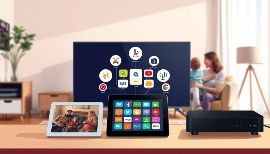 A detailed and informative illustration comparing IPTV, streaming services, and cable/satellite television. In the foreground, depict three distinct media devices: a sleek Smart TV for IPTV, a tablet showcasing popular streaming apps, and a traditional cable box. In the middle ground, create a visual hierarchy of vibrant icons or symbols representing features like convenience, cost-efficiency, and variety for each service type. The background should feature a cozy living room setting, softly lit to create a warm and inviting atmosphere, suggesting a regular family watching TV together. Use a slightly angled view to add depth, and ensure a professional and modern aesthetic without any text or branding. A detailed and informative illustration comparing IPTV, streaming services, and cable/satellite television. In the foreground, depict three distinct media devices: a sleek Smart TV for IPTV, a tablet showcasing popular streaming apps, and a traditional cable box. In the middle ground, create a visual hierarchy of vibrant icons or symbols representing features like convenience, cost-efficiency, and variety for each service type. The background should feature a cozy living room setting, softly lit to create a warm and inviting atmosphere, suggesting a regular family watching TV together. Use a slightly angled view to add depth, and ensure a professional and modern aesthetic without any text or branding.