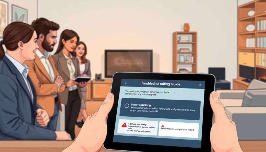 A detailed and informative illustration depicting a troubleshooting guide for IPTV subscriptions. In the foreground, a sleek tablet displays a user-friendly interface showing common IPTV issues like buffering, connection problems, and channel not found errors. To the left, a diverse group of professionals in smart casual attire, two individuals discussing solutions over the tablet, with expressions of focus and determination. In the middle ground, a comfortable living room setting with a modern TV displaying a static error screen, surrounded by cozy furniture and subtle tech gadgets. The background includes shelves with books and decor, and soft, warm lighting that creates a welcoming atmosphere. The overall mood is one of problem-solving and collaboration, perfect for engaging an audience seeking practical solutions. A detailed and informative illustration depicting a troubleshooting guide for IPTV subscriptions. In the foreground, a sleek tablet displays a user-friendly interface showing common IPTV issues like buffering, connection problems, and channel not found errors. To the left, a diverse group of professionals in smart casual attire, two individuals discussing solutions over the tablet, with expressions of focus and determination. In the middle ground, a comfortable living room setting with a modern TV displaying a static error screen, surrounded by cozy furniture and subtle tech gadgets. The background includes shelves with books and decor, and soft, warm lighting that creates a welcoming atmosphere. The overall mood is one of problem-solving and collaboration, perfect for engaging an audience seeking practical solutions.