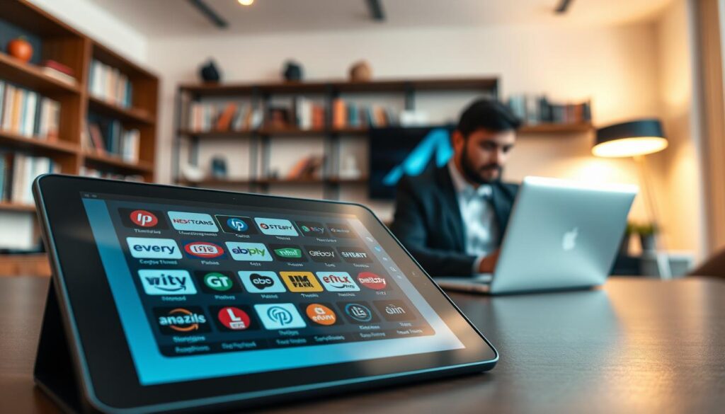 A detailed and informative image showcasing a comparison of the main legal IPTV providers in France. In the foreground, depict a sleek digital tablet displaying icons or logos of various IPTV services, such as streaming logos, channel icons, and subscription plans. In the middle ground, arrange a stylish modern workspace with a professional individual, dressed in business attire, analyzing data on a laptop, emphasizing a tech-savvy vibe. The background features soft, ambient lighting creating a warm atmosphere, with shelves holding books about technology and media, reflecting a knowledgeable setting. Use a wide-angle lens effect to create depth, making the scene inviting and engaging while ensuring all elements are visually balanced and harmonious.