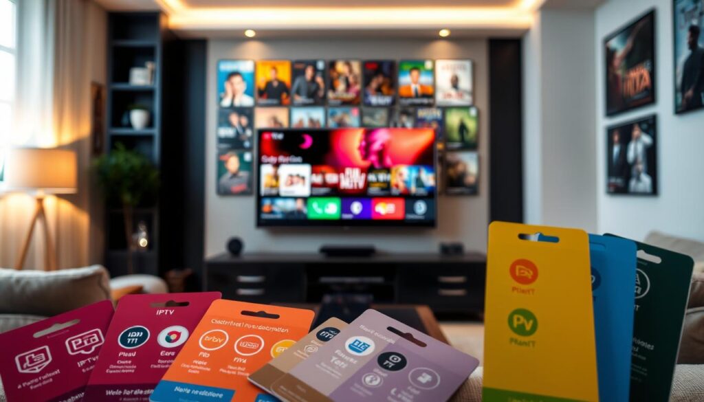 A detailed and informative image showcasing the different types of IPTV subscriptions in France. In the foreground, several colorful, stylized IPTV subscription cards depicting various plans with icons representing features like HD quality, movie selection, and sports channels. In the middle ground, a sleek modern living room setup featuring a contemporary television displaying a vibrant IPTV interface. Cozy lighting enhances the atmosphere, creating a welcoming vibe. In the background, a wall adorned with framed posters of popular TV shows and movies available through these services. The perspective is slightly elevated, capturing an inviting angle of the room, emphasizing the abundance of choice and quality in IPTV subscriptions.
