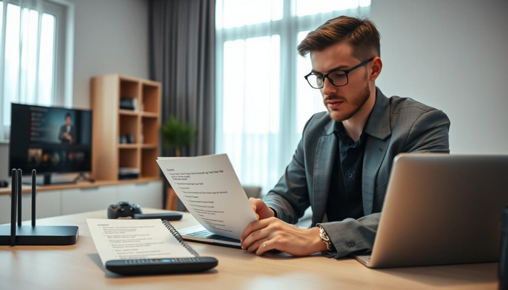A detailed and professional troubleshooting guide for common IPTV issues, set in a modern, sleek home office environment. In the foreground, a person in smart casual clothing is engaged with a laptop, looking thoughtful while examining a list of troubleshooting steps on a notepad. The middle layer features an organized desk, with tech gadgets like a router, a remote control, and a tablet displaying IPTV content. In the background, a large window lets in soft, natural light, illuminating the room and creating a calm atmosphere. The overall mood is focused and productive, suggesting clarity in solving IPTV problems. The scene is shot from a slightly elevated angle, adding depth and emphasizing the task at hand. A detailed and professional troubleshooting guide for common IPTV issues, set in a modern, sleek home office environment. In the foreground, a person in smart casual clothing is engaged with a laptop, looking thoughtful while examining a list of troubleshooting steps on a notepad. The middle layer features an organized desk, with tech gadgets like a router, a remote control, and a tablet displaying IPTV content. In the background, a large window lets in soft, natural light, illuminating the room and creating a calm atmosphere. The overall mood is focused and productive, suggesting clarity in solving IPTV problems. The scene is shot from a slightly elevated angle, adding depth and emphasizing the task at hand.