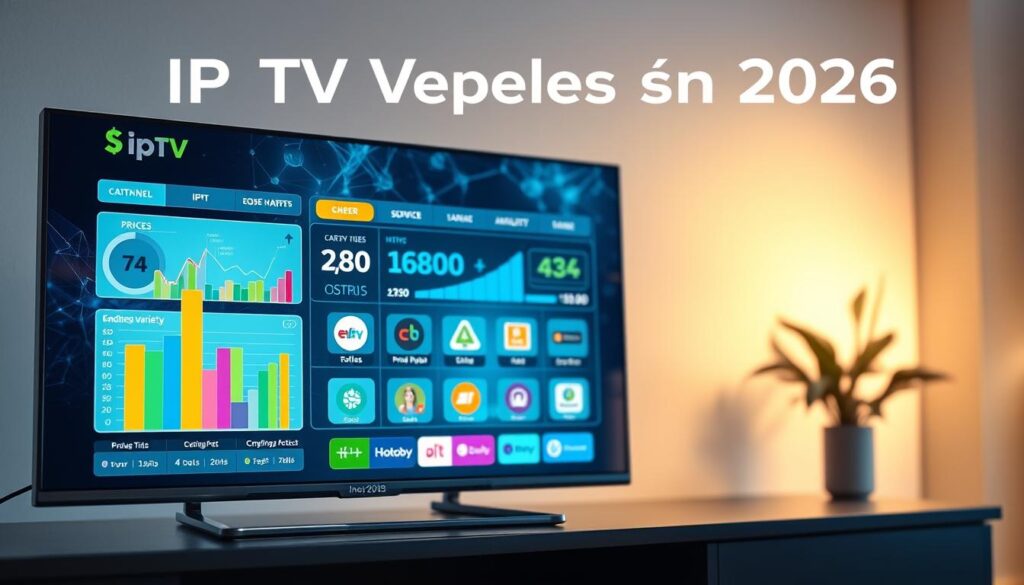 A detailed and visually appealing infographic comparing IPTV providers in 2026. In the foreground, a modern digital interface showcasing colorful graphs and charts illustrating metrics like pricing, channel variety, and user ratings. The middle layer features icons representing different IPTV service providers, each in a distinct color palette for clarity. The background presents a sleek, futuristic technology-themed design with soft, ambient lighting, giving it a sophisticated feel. A subtle bokeh effect enhances the depth, while the overall color scheme reflects trust and reliability, incorporating blues and greens. The image conveys a professional and informative atmosphere suitable for an analytical comparison. No text or logos are included. A detailed and visually appealing infographic comparing IPTV providers in 2026. In the foreground, a modern digital interface showcasing colorful graphs and charts illustrating metrics like pricing, channel variety, and user ratings. The middle layer features icons representing different IPTV service providers, each in a distinct color palette for clarity. The background presents a sleek, futuristic technology-themed design with soft, ambient lighting, giving it a sophisticated feel. A subtle bokeh effect enhances the depth, while the overall color scheme reflects trust and reliability, incorporating blues and greens. The image conveys a professional and informative atmosphere suitable for an analytical comparison. No text or logos are included.