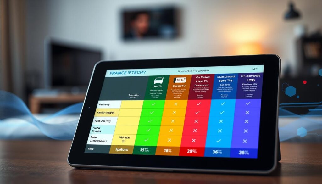 A detailed and visually engaging image illustrating a comparison chart of various French IPTV subscriptions. In the foreground, showcase a sleek digital tablet displaying a colorful, easy-to-read comparison table with icons representing different subscription services such as live TV, on-demand content, and pricing options. The middle ground includes abstract representations of streaming technology, like digital waves and circuit patterns, subtly integrated into the background. The background features a hint of a modern living room setting with soft, ambient lighting, reflecting a comfortable viewing environment. The mood should be informative and engaging, inviting the viewer to explore the best IPTV options available. Use a soft focus for the background to keep the emphasis on the foreground tablet. A detailed and visually engaging image illustrating a comparison chart of various French IPTV subscriptions. In the foreground, showcase a sleek digital tablet displaying a colorful, easy-to-read comparison table with icons representing different subscription services such as live TV, on-demand content, and pricing options. The middle ground includes abstract representations of streaming technology, like digital waves and circuit patterns, subtly integrated into the background. The background features a hint of a modern living room setting with soft, ambient lighting, reflecting a comfortable viewing environment. The mood should be informative and engaging, inviting the viewer to explore the best IPTV options available. Use a soft focus for the background to keep the emphasis on the foreground tablet.