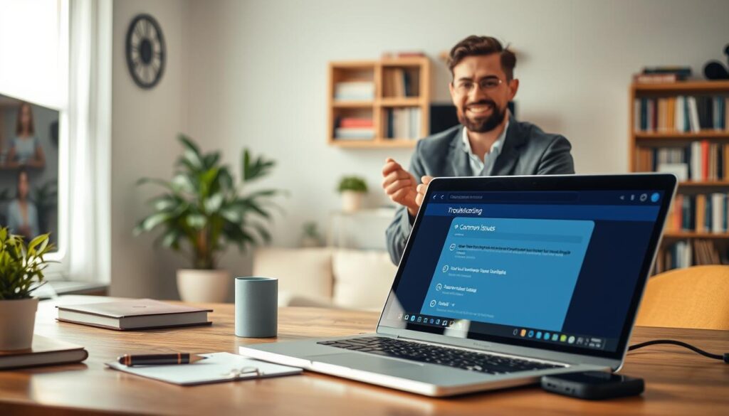 A detailed and visually engaging representation of a troubleshooting guide for using IPTV on Telegram. In the foreground, depict a well-organized workspace featuring a modern laptop displaying a troubleshooting interface with common issues listed. Surround the laptop with tools like a notepad and a smartphone for easy reference. In the middle ground, illustrate a friendly professional in smart casual attire, demonstrating how to resolve IPTV issues with a confident expression. The background should include a softly-lit room with shelves of tech books and a potted plant, creating a welcoming atmosphere. Use warm, natural lighting to enhance the inviting mood, and consider a slightly angled perspective that draws the viewer into the scene, conveying a sense of understanding and support for users facing problems. A detailed and visually engaging representation of a troubleshooting guide for using IPTV on Telegram. In the foreground, depict a well-organized workspace featuring a modern laptop displaying a troubleshooting interface with common issues listed. Surround the laptop with tools like a notepad and a smartphone for easy reference. In the middle ground, illustrate a friendly professional in smart casual attire, demonstrating how to resolve IPTV issues with a confident expression. The background should include a softly-lit room with shelves of tech books and a potted plant, creating a welcoming atmosphere. Use warm, natural lighting to enhance the inviting mood, and consider a slightly angled perspective that draws the viewer into the scene, conveying a sense of understanding and support for users facing problems.