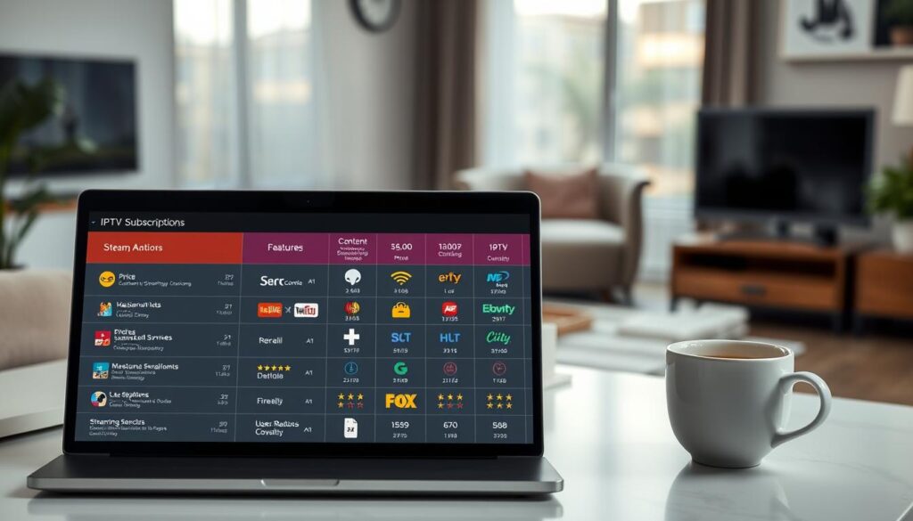 A detailed comparative table showcasing IPTV subscriptions in 2026, elegantly designed and filled with vibrant icons and symbols representing various features like pricing, content availability, and streaming quality. In the foreground, the table should have rows and columns clearly delineated, with icons for popular streaming services, user ratings, and geographic coverage. The middle ground features a sleek, modern workspace with a laptop displaying the table on a monitor, next to a stylish coffee cup. The background should include a blurred image of a contemporary living room, hinting at a cozy setting for watching IPTV. Soft, natural light pours in from a window, creating a warm and inviting mood. The overall atmosphere should convey professionalism and modernity, highlighting the evolution of IPTV services. A detailed comparative table showcasing IPTV subscriptions in 2026, elegantly designed and filled with vibrant icons and symbols representing various features like pricing, content availability, and streaming quality. In the foreground, the table should have rows and columns clearly delineated, with icons for popular streaming services, user ratings, and geographic coverage. The middle ground features a sleek, modern workspace with a laptop displaying the table on a monitor, next to a stylish coffee cup. The background should include a blurred image of a contemporary living room, hinting at a cozy setting for watching IPTV. Soft, natural light pours in from a window, creating a warm and inviting mood. The overall atmosphere should convey professionalism and modernity, highlighting the evolution of IPTV services.