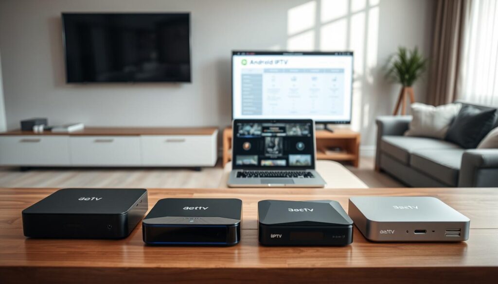 A detailed comparison of Android IPTV boxes displayed on a sleek, modern wooden desk. In the foreground, three distinct boxes are artistically arranged, showcasing their unique designs and features. The middle layer includes a laptop displaying a chart comparing specifications, illuminated by soft, natural lighting from a window. In the background, a minimalist living room setting hints at a cozy viewing area with a large television screen showing a high-definition streaming interface. The atmosphere is professional and informative, aimed at tech-savvy individuals. Use a slight angle to emphasize the boxes and laptop, capturing clean lines and a welcoming vibe. Aim for clarity in details while keeping the overall setting uncluttered and aesthetically pleasing. A detailed comparison of Android IPTV boxes displayed on a sleek, modern wooden desk. In the foreground, three distinct boxes are artistically arranged, showcasing their unique designs and features. The middle layer includes a laptop displaying a chart comparing specifications, illuminated by soft, natural lighting from a window. In the background, a minimalist living room setting hints at a cozy viewing area with a large television screen showing a high-definition streaming interface. The atmosphere is professional and informative, aimed at tech-savvy individuals. Use a slight angle to emphasize the boxes and laptop, capturing clean lines and a welcoming vibe. Aim for clarity in details while keeping the overall setting uncluttered and aesthetically pleasing.