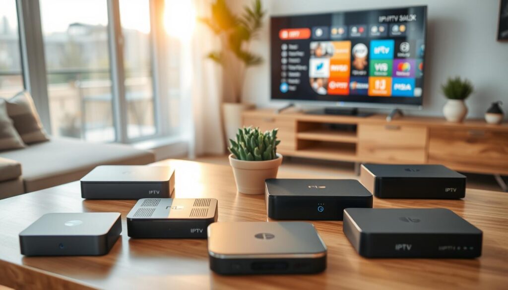 A detailed comparison of various IPTV boxes displayed on a sleek wooden table in a modern living room setting. In the foreground, several IPTV boxes are arranged neatly, showcasing different shapes and sizes, such as compact mini-boxes and traditional larger models. The middle ground features a decorative plant and a stylish TV stand, enhancing the homey atmosphere. The background highlights a large flat-screen TV displaying a colorful IPTV interface. Soft, warm lighting creates an inviting mood, with a slight lens flare effect from a nearby window, suggesting a bright afternoon. The overall tone is sophisticated and informative, perfect for illustrating a comparison of IPTV devices. A detailed comparison of various IPTV boxes displayed on a sleek wooden table in a modern living room setting. In the foreground, several IPTV boxes are arranged neatly, showcasing different shapes and sizes, such as compact mini-boxes and traditional larger models. The middle ground features a decorative plant and a stylish TV stand, enhancing the homey atmosphere. The background highlights a large flat-screen TV displaying a colorful IPTV interface. Soft, warm lighting creates an inviting mood, with a slight lens flare effect from a nearby window, suggesting a bright afternoon. The overall tone is sophisticated and informative, perfect for illustrating a comparison of IPTV devices.