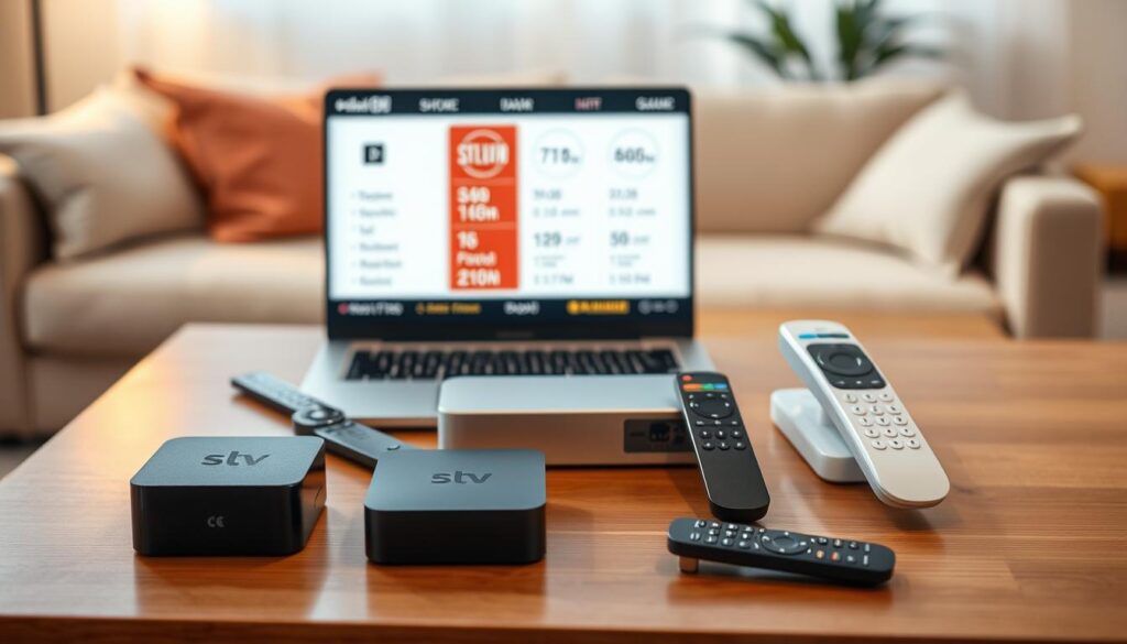 A detailed comparison of various streaming boxes displayed on a sleek wooden table. In the foreground, there are three distinct streaming devices: a compact black box, a larger silver unit, and a glossy white model, each showcasing their unique design and features. The middle ground features a laptop screen displaying side-by-side specifications and prices, while a few remote controls are lying nearby for context. The background is softly blurred, hinting at a modern living room with ambient lighting to create a cozy atmosphere. The scene is bright, conveying a sense of clarity and professionalism. Soft shadows enhance the depth of the devices, and a warm overall tone invites the viewer to explore their streaming options. A detailed comparison of various streaming boxes displayed on a sleek wooden table. In the foreground, there are three distinct streaming devices: a compact black box, a larger silver unit, and a glossy white model, each showcasing their unique design and features. The middle ground features a laptop screen displaying side-by-side specifications and prices, while a few remote controls are lying nearby for context. The background is softly blurred, hinting at a modern living room with ambient lighting to create a cozy atmosphere. The scene is bright, conveying a sense of clarity and professionalism. Soft shadows enhance the depth of the devices, and a warm overall tone invites the viewer to explore their streaming options.