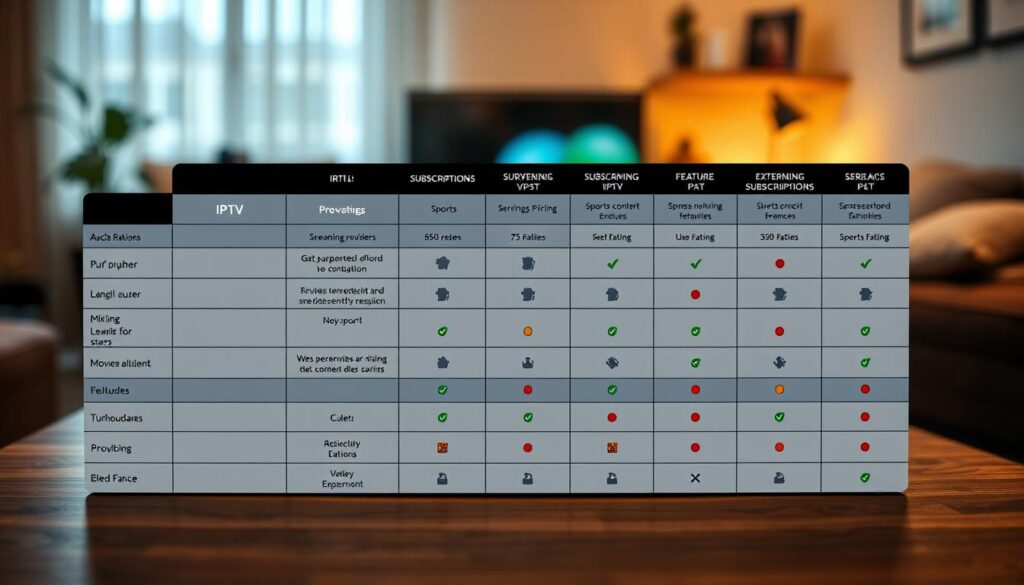 A detailed comparison table showcasing IPTV subscriptions in France for 2026, with columns representing different service providers, their pricing tiers, features, and user ratings. The foreground features clean, organized sections of the table, with icons representing popular streaming content categories like sports, movies, and series. The middle ground includes subtle visual elements like a stylized map of France, hinting at geographic availability. The background is a softly blurred living room setting, illuminated by warm, ambient lighting, enhancing a cozy viewing atmosphere. The lens focus is sharp on the table while gradually softening towards the background. The mood is informative yet inviting, encouraging viewers to engage with the content thoughtfully. A detailed comparison table showcasing IPTV subscriptions in France for 2026, with columns representing different service providers, their pricing tiers, features, and user ratings. The foreground features clean, organized sections of the table, with icons representing popular streaming content categories like sports, movies, and series. The middle ground includes subtle visual elements like a stylized map of France, hinting at geographic availability. The background is a softly blurred living room setting, illuminated by warm, ambient lighting, enhancing a cozy viewing atmosphere. The lens focus is sharp on the table while gradually softening towards the background. The mood is informative yet inviting, encouraging viewers to engage with the content thoughtfully.