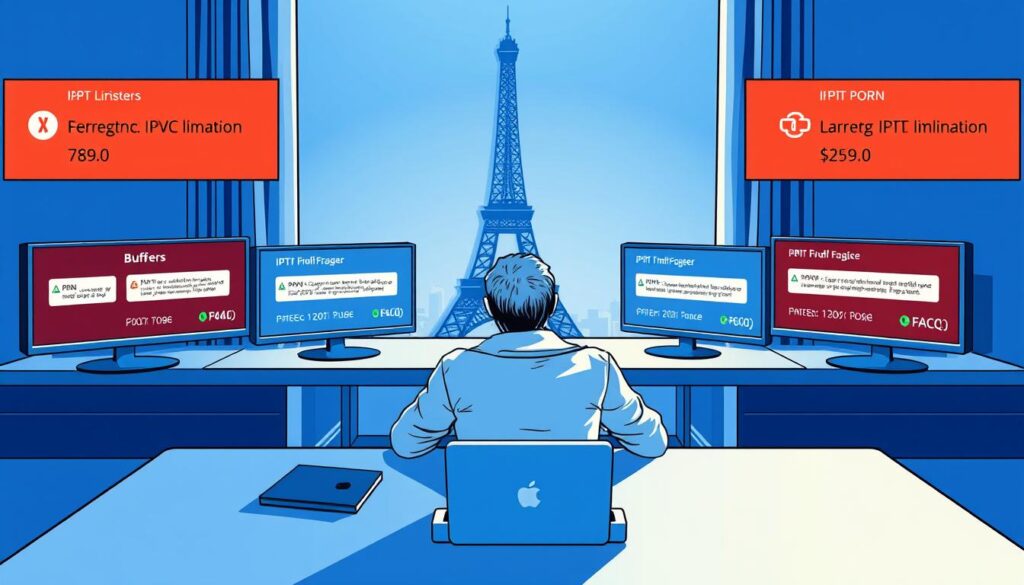 A detailed digital illustration depicting the concept of IPTV limitations in France. In the foreground, a frustrated user sitting at a sleek modern desk, surrounded by multiple screens displaying buffering icons and error messages. The middle layer features a shadowy silhouette of a VPN symbol and a broken link indicating connectivity issues. In the background, an outline of the Eiffel Tower shines softly through a window, representing France. The scene is illuminated with cool blue lighting to evoke a technological atmosphere, emphasizing a sense of concern and caution. The angle should be slightly above eye level, creating a narrative of surveillance and scrutiny in the digital age. A detailed digital illustration depicting the concept of IPTV limitations in France. In the foreground, a frustrated user sitting at a sleek modern desk, surrounded by multiple screens displaying buffering icons and error messages. The middle layer features a shadowy silhouette of a VPN symbol and a broken link indicating connectivity issues. In the background, an outline of the Eiffel Tower shines softly through a window, representing France. The scene is illuminated with cool blue lighting to evoke a technological atmosphere, emphasizing a sense of concern and caution. The angle should be slightly above eye level, creating a narrative of surveillance and scrutiny in the digital age.