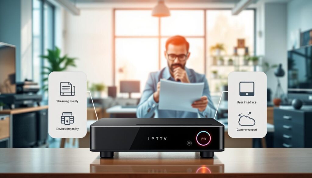 A detailed digital illustration of the essential criteria for choosing an IPTV player. In the foreground, display a sleek, modern IPTV device with illuminated buttons, surrounded by a checklist featuring icons representing key features: streaming quality, user interface, device compatibility, and customer support. In the middle ground, show a professional person in smart casual attire, analyzing the checklist with a thoughtful expression, sitting at a stylish desk cluttered with tech gadgets. The background features a bright, tech-inspired office with soft natural light streaming through large windows. The atmosphere is focused and informative, conveying a sense of professionalism and meticulousness in decision-making, suitable for a tech-savvy audience. A detailed digital illustration of the essential criteria for choosing an IPTV player. In the foreground, display a sleek, modern IPTV device with illuminated buttons, surrounded by a checklist featuring icons representing key features: streaming quality, user interface, device compatibility, and customer support. In the middle ground, show a professional person in smart casual attire, analyzing the checklist with a thoughtful expression, sitting at a stylish desk cluttered with tech gadgets. The background features a bright, tech-inspired office with soft natural light streaming through large windows. The atmosphere is focused and informative, conveying a sense of professionalism and meticulousness in decision-making, suitable for a tech-savvy audience.