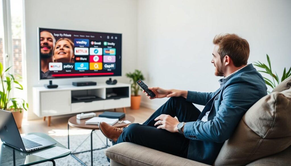 A detailed guide to using IPTV in France, featuring a modern living room setting with a stylish television displaying various streaming icons from popular services. In the foreground, a person in smart casual attire sits comfortably on a plush couch, holding a remote control, showcasing an engaged expression while viewing content. The middle ground includes a coffee table scattered with notes and a laptop, hinting at research and comparison of IPTV options. The background shows a bright, well-lit room with soft natural light streaming through a window, plants adding a touch of greenery. The overall mood is informative and inviting, emphasizing a contemporary lifestyle with technology integration. The composition should use a slight angle for depth, creating a dynamic and relatable scene without any text or distractions. A detailed guide to using IPTV in France, featuring a modern living room setting with a stylish television displaying various streaming icons from popular services. In the foreground, a person in smart casual attire sits comfortably on a plush couch, holding a remote control, showcasing an engaged expression while viewing content. The middle ground includes a coffee table scattered with notes and a laptop, hinting at research and comparison of IPTV options. The background shows a bright, well-lit room with soft natural light streaming through a window, plants adding a touch of greenery. The overall mood is informative and inviting, emphasizing a contemporary lifestyle with technology integration. The composition should use a slight angle for depth, creating a dynamic and relatable scene without any text or distractions.