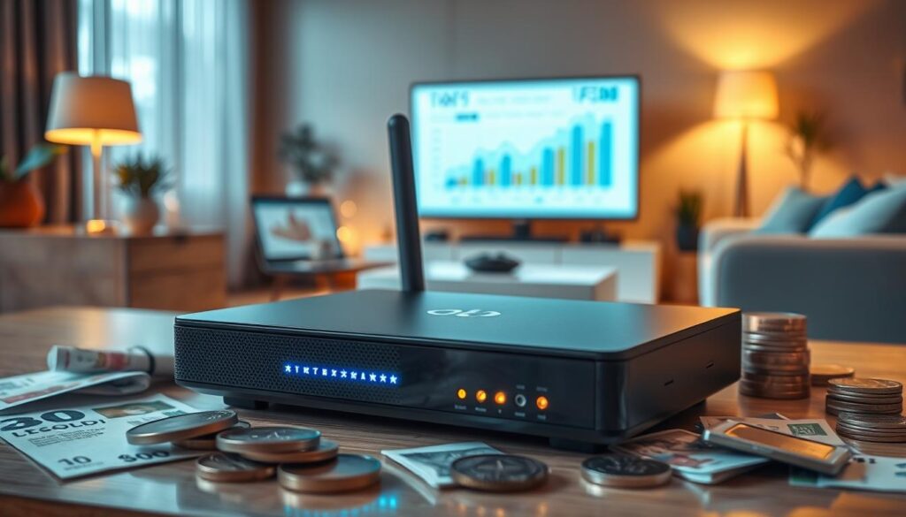 A detailed, high-resolution image showcasing a modern IPTV WiFi box, designed for performance and reliability. In the foreground, prominently display the sleek, elegant device with illuminated indicators and a textured surface, surrounded by various cost-related items like currency notes and coins, emphasizing budgeting. In the middle ground, showcase a professional setting, such as a stylish desk with a laptop displaying financial graphs and budgeting documents. The background features a cozy living room with a subtle TV setup, casting soft ambient lighting. Capture the scene from a slightly elevated angle to provide depth, with warm, inviting tones throughout the image, conveying a sense of investment and practicality in technology. A detailed, high-resolution image showcasing a modern IPTV WiFi box, designed for performance and reliability. In the foreground, prominently display the sleek, elegant device with illuminated indicators and a textured surface, surrounded by various cost-related items like currency notes and coins, emphasizing budgeting. In the middle ground, showcase a professional setting, such as a stylish desk with a laptop displaying financial graphs and budgeting documents. The background features a cozy living room with a subtle TV setup, casting soft ambient lighting. Capture the scene from a slightly elevated angle to provide depth, with warm, inviting tones throughout the image, conveying a sense of investment and practicality in technology.