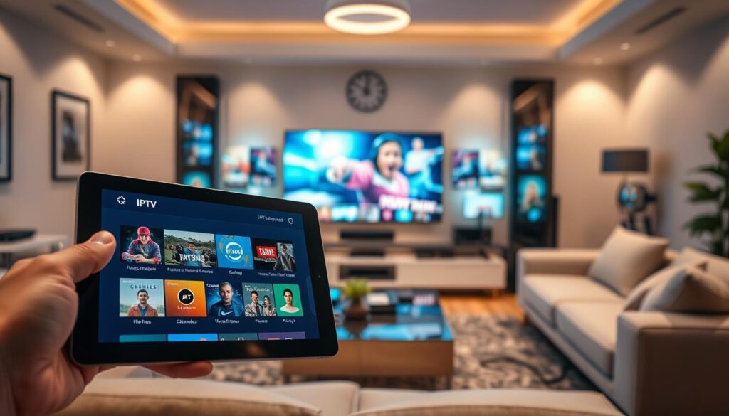 A detailed, informative scene illustrating the concept of IPTV subscriptions. In the foreground, visually depict a tablet displaying various IPTV program options, such as movies and channels, highlighted in a colorful user interface. A modern living room setting occupies the middle ground, featuring stylish furniture and a large flat-screen TV showcasing vibrant IPTV content. The background portrays a sleek entertainment center filled with digital devices and cables, creating a tech-savvy atmosphere. Soft, ambient lighting enhances the professionalism of the space, casting subtle shadows. Use a wide-angle lens perspective to capture the entire scene, conveying a sense of comfort and modernity, inviting viewers to explore the world of IPTV subscriptions. A detailed, informative scene illustrating the concept of IPTV subscriptions. In the foreground, visually depict a tablet displaying various IPTV program options, such as movies and channels, highlighted in a colorful user interface. A modern living room setting occupies the middle ground, featuring stylish furniture and a large flat-screen TV showcasing vibrant IPTV content. The background portrays a sleek entertainment center filled with digital devices and cables, creating a tech-savvy atmosphere. Soft, ambient lighting enhances the professionalism of the space, casting subtle shadows. Use a wide-angle lens perspective to capture the entire scene, conveying a sense of comfort and modernity, inviting viewers to explore the world of IPTV subscriptions.