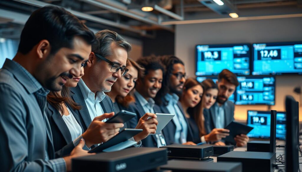 A detailed scene depicting a dynamic testing environment for IPTV services. In the foreground, a diverse group of professionals in business attire closely examine various devices like smart TVs, tablets, and streaming boxes, showcasing their analysis with focused expressions. The middle ground includes a modern office setup, featuring multiple screens displaying IPTV interface tests and performance metrics. The background reveals a sleek, tech-oriented workspace with soft ambient lighting highlighting equipment and digital displays. The mood is one of concentration and innovation, with a sense of real-time evaluation reflected in the professionals' engagement. The composition is captured with a shallow depth of field to emphasize the foreground activity, adding a sense of urgency and professionalism to the scene. A detailed scene depicting a dynamic testing environment for IPTV services. In the foreground, a diverse group of professionals in business attire closely examine various devices like smart TVs, tablets, and streaming boxes, showcasing their analysis with focused expressions. The middle ground includes a modern office setup, featuring multiple screens displaying IPTV interface tests and performance metrics. The background reveals a sleek, tech-oriented workspace with soft ambient lighting highlighting equipment and digital displays. The mood is one of concentration and innovation, with a sense of real-time evaluation reflected in the professionals' engagement. The composition is captured with a shallow depth of field to emphasize the foreground activity, adding a sense of urgency and professionalism to the scene.