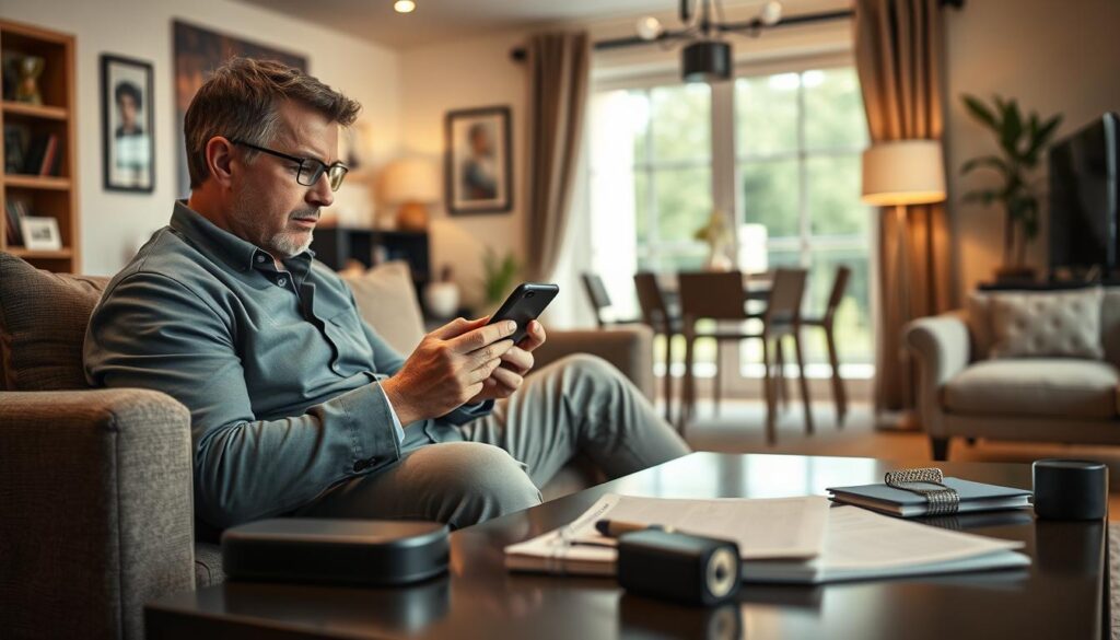A detailed scene illustrating a modern living room setting in France, where a person is seated comfortably on a stylish couch, intently using an Android device to explore various IPTV applications. In the foreground, focus on the individual, a middle-aged professional dressed in smart casual attire, looking intrigued and engaged. In the middle ground, display a sleek coffee table with some IPTV-related gadgets and a notebook filled with notes. The background features a well-decorated room with French-inspired decor, soft ambient lighting creating a warm and inviting atmosphere. Use a slightly elevated angle to capture the entirety of the scene, emphasizing the user's interaction with the device while showcasing the comfort of the living space. The mood is reflective and informative, highlighting the experience of testing IPTV applications. A detailed scene illustrating a modern living room setting in France, where a person is seated comfortably on a stylish couch, intently using an Android device to explore various IPTV applications. In the foreground, focus on the individual, a middle-aged professional dressed in smart casual attire, looking intrigued and engaged. In the middle ground, display a sleek coffee table with some IPTV-related gadgets and a notebook filled with notes. The background features a well-decorated room with French-inspired decor, soft ambient lighting creating a warm and inviting atmosphere. Use a slightly elevated angle to capture the entirety of the scene, emphasizing the user's interaction with the device while showcasing the comfort of the living space. The mood is reflective and informative, highlighting the experience of testing IPTV applications.