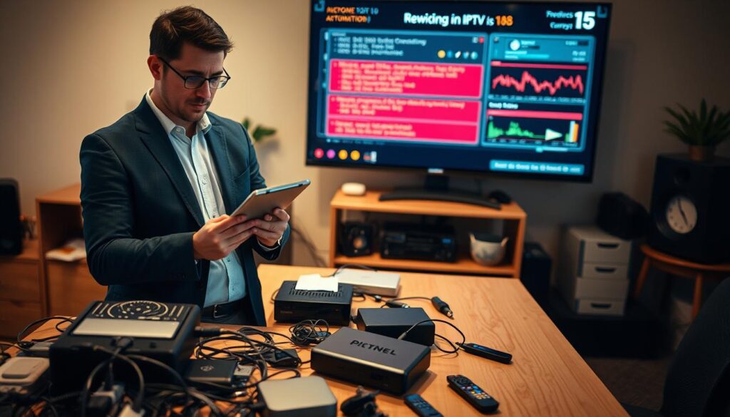 A detailed scene showcasing a professional setting focused on troubleshooting IPTV issues. In the foreground, a confident technician in smart casual attire is examining a tablet displaying network settings, with a thoughtful expression. The middle ground contains a desk cluttered with various electronic devices, like cables, a modem, and a remote control, indicative of common IPTV problems. In the background, a large screen displays a digital diagnostic interface with graphs and error messages. Soft, diffused lighting creates a warm atmosphere, emphasizing the importance of problem-solving in technology. The overall mood is focused and proactive, illustrating the steps to resolve frequent IPTV problems effectively.