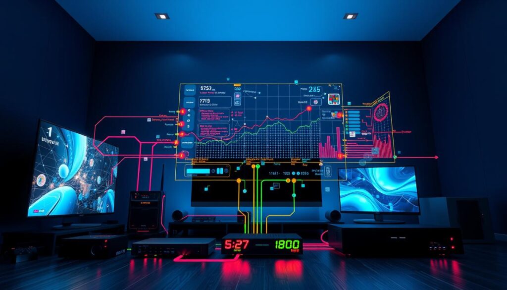 A detailed technical illustration of IPTV stream analysis, showcasing various data flows and network connections. In the foreground, display a schematic of a modern IPTV system, including devices like smart TVs, routers, and streaming boxes, with vibrant colored lines indicating data flow. In the middle, represent an abstract visualization of network performance metrics, such as bandwidth and latency graphs, using high-tech digital elements. The background features a darkened room with soft blue and green ambient lighting to evoke a tech-focused atmosphere. Use a perspective angle that highlights the interconnectedness of devices, emphasizing the complexity of IPTV systems. The overall mood should be innovative and insightful, illustrating advanced technology in a professional context. A detailed technical illustration of IPTV stream analysis, showcasing various data flows and network connections. In the foreground, display a schematic of a modern IPTV system, including devices like smart TVs, routers, and streaming boxes, with vibrant colored lines indicating data flow. In the middle, represent an abstract visualization of network performance metrics, such as bandwidth and latency graphs, using high-tech digital elements. The background features a darkened room with soft blue and green ambient lighting to evoke a tech-focused atmosphere. Use a perspective angle that highlights the interconnectedness of devices, emphasizing the complexity of IPTV systems. The overall mood should be innovative and insightful, illustrating advanced technology in a professional context.