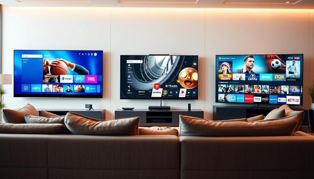 A detailed visual comparison of IPTV Nox Pro with other IPTV services, featuring three large screens side by side. The foreground displays a sleek modern living room with a comfortable couch, elegantly styled for a cozy family atmosphere. The middle showcases vibrant, clear images on the screens; one screen displays the IPTV Nox Pro interface with easy navigation, while the others show generic IPTV service interfaces with diverse content. In the background, soft warm lighting highlights the various devices—like a remote, router, and smart TV—hinting at advanced technology. Use a wide-angle lens perspective to capture the whole scene, emphasizing a seamless blend of modern home entertainment vibes, evoking a sense of quality and performance.