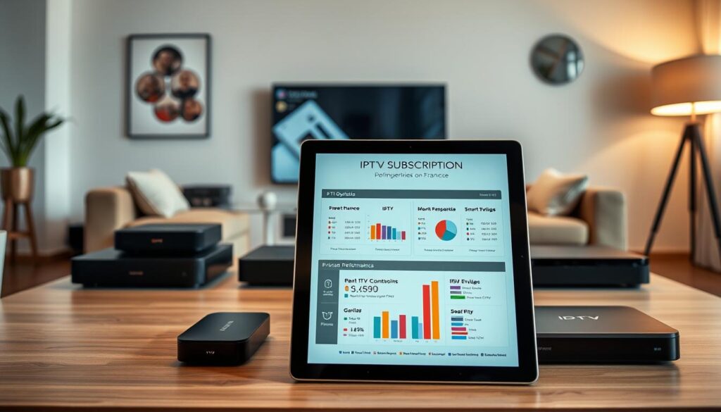 A detailed, visually engaging layout of IPTV subscription comparisons in France, emphasizing performance and pricing. In the foreground, display a sleek digital tablet showcasing a clear, colorful infographic with charts and graphs. In the middle, depict various IPTV devices like set-top boxes and smart TVs, arranged neatly on a modern table. The background features a stylish living room setting with soft, warm lighting to create a welcoming atmosphere. Use a slightly elevated camera angle to capture the entire scene, ensuring the focus is on the devices and the infographic. Minimalist decor elements should complement the high-tech vibe, with an emphasis on professionalism and clarity. A detailed, visually engaging layout of IPTV subscription comparisons in France, emphasizing performance and pricing. In the foreground, display a sleek digital tablet showcasing a clear, colorful infographic with charts and graphs. In the middle, depict various IPTV devices like set-top boxes and smart TVs, arranged neatly on a modern table. The background features a stylish living room setting with soft, warm lighting to create a welcoming atmosphere. Use a slightly elevated camera angle to capture the entire scene, ensuring the focus is on the devices and the infographic. Minimalist decor elements should complement the high-tech vibe, with an emphasis on professionalism and clarity.