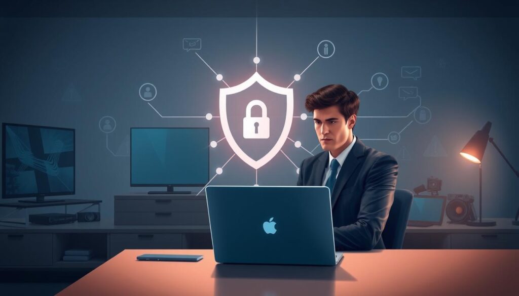 A digital illustration showcasing the importance of a VPN for IPTV security. In the foreground, a person in professional business attire sits at a modern desk, intently focused on a laptop displaying streaming content with a lock symbol on the screen, representing encryption. The middle layer features a digital shield graphic, symbolizing security, and stylized lines connecting various devices like smart TVs and tablets. The background illustrates a dimly lit room filled with technology-related items and caution symbols, enhancing the theme of online safety. Soft, ambient lighting casts a professional glow, creating a sense of urgency and importance surrounding cybersecurity. The overall atmosphere is serious yet reassuring, emphasizing trust and safety in streaming technology. A digital illustration showcasing the importance of a VPN for IPTV security. In the foreground, a person in professional business attire sits at a modern desk, intently focused on a laptop displaying streaming content with a lock symbol on the screen, representing encryption. The middle layer features a digital shield graphic, symbolizing security, and stylized lines connecting various devices like smart TVs and tablets. The background illustrates a dimly lit room filled with technology-related items and caution symbols, enhancing the theme of online safety. Soft, ambient lighting casts a professional glow, creating a sense of urgency and importance surrounding cybersecurity. The overall atmosphere is serious yet reassuring, emphasizing trust and safety in streaming technology.